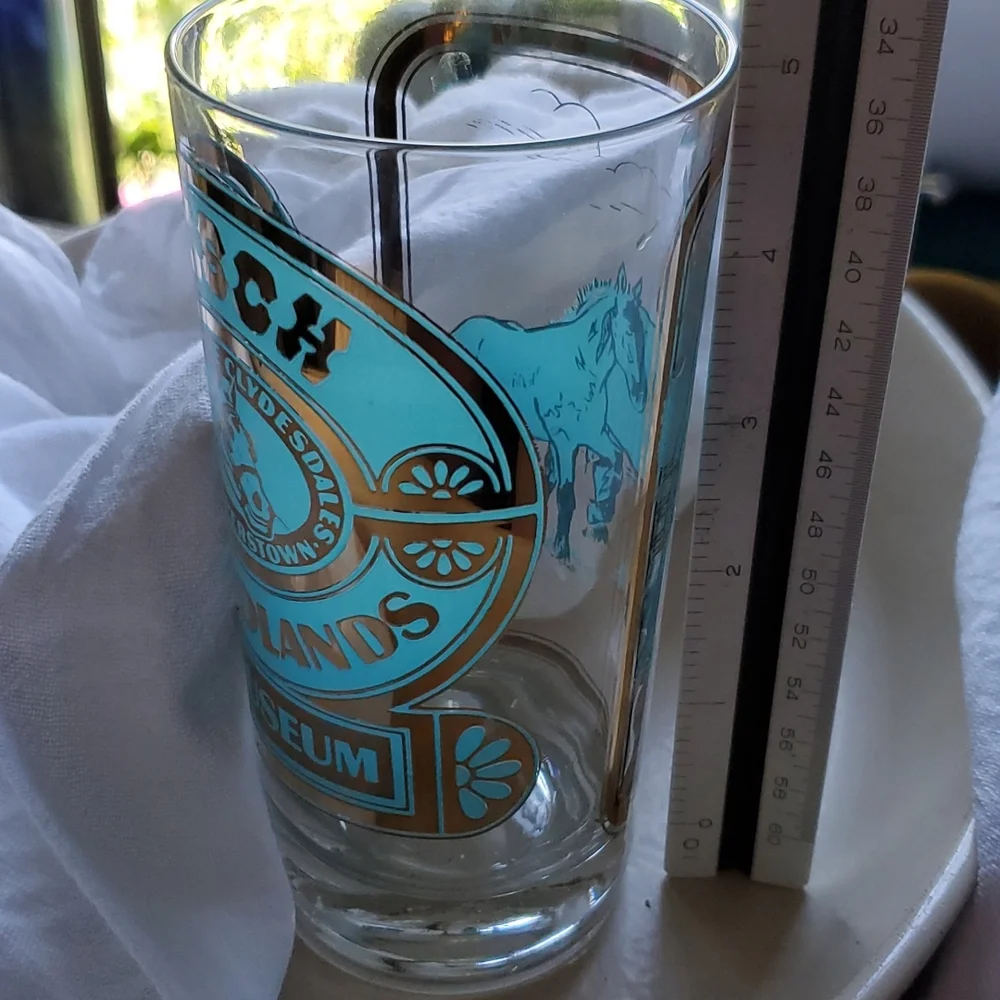 Vintage Busch Woodlands Clydesdale Horses Gold + Aqua Drinking Glass